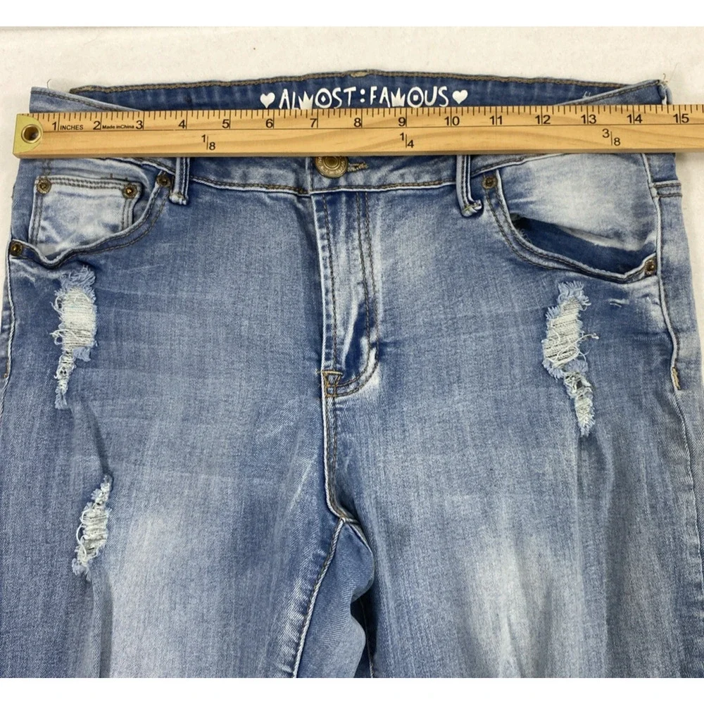 Almost Famous Jeans‎ Juniors Size 9 Medium Wash Denim Destroyed Mid Rise Raw Hem